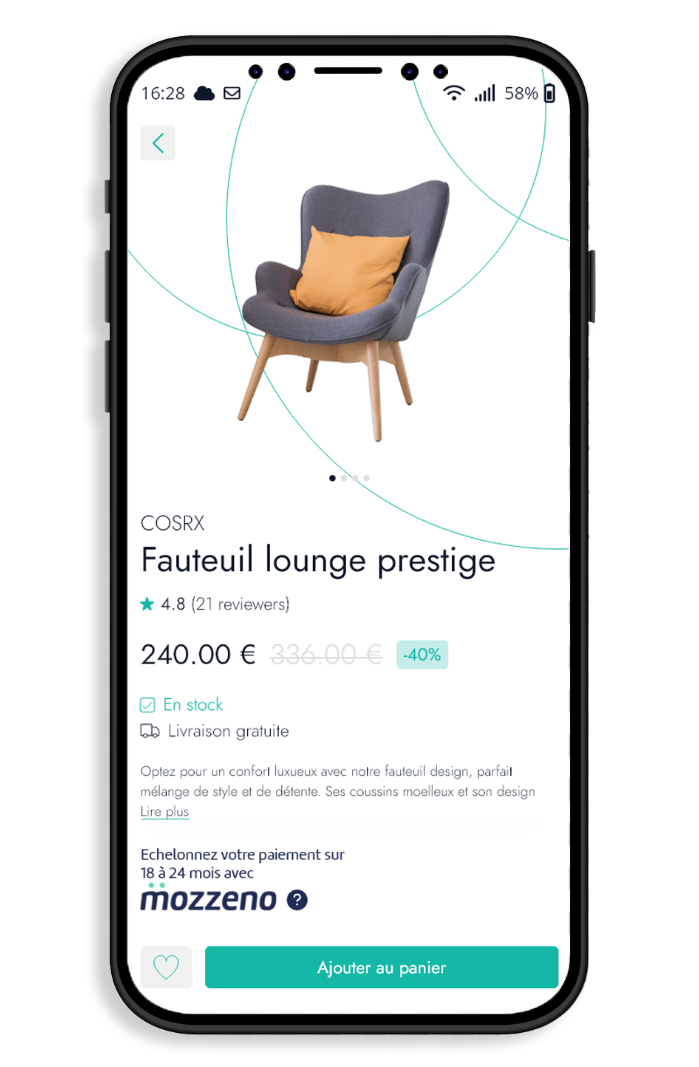 Lending services on a smartphone for the sale of a Prestige Lounge chair