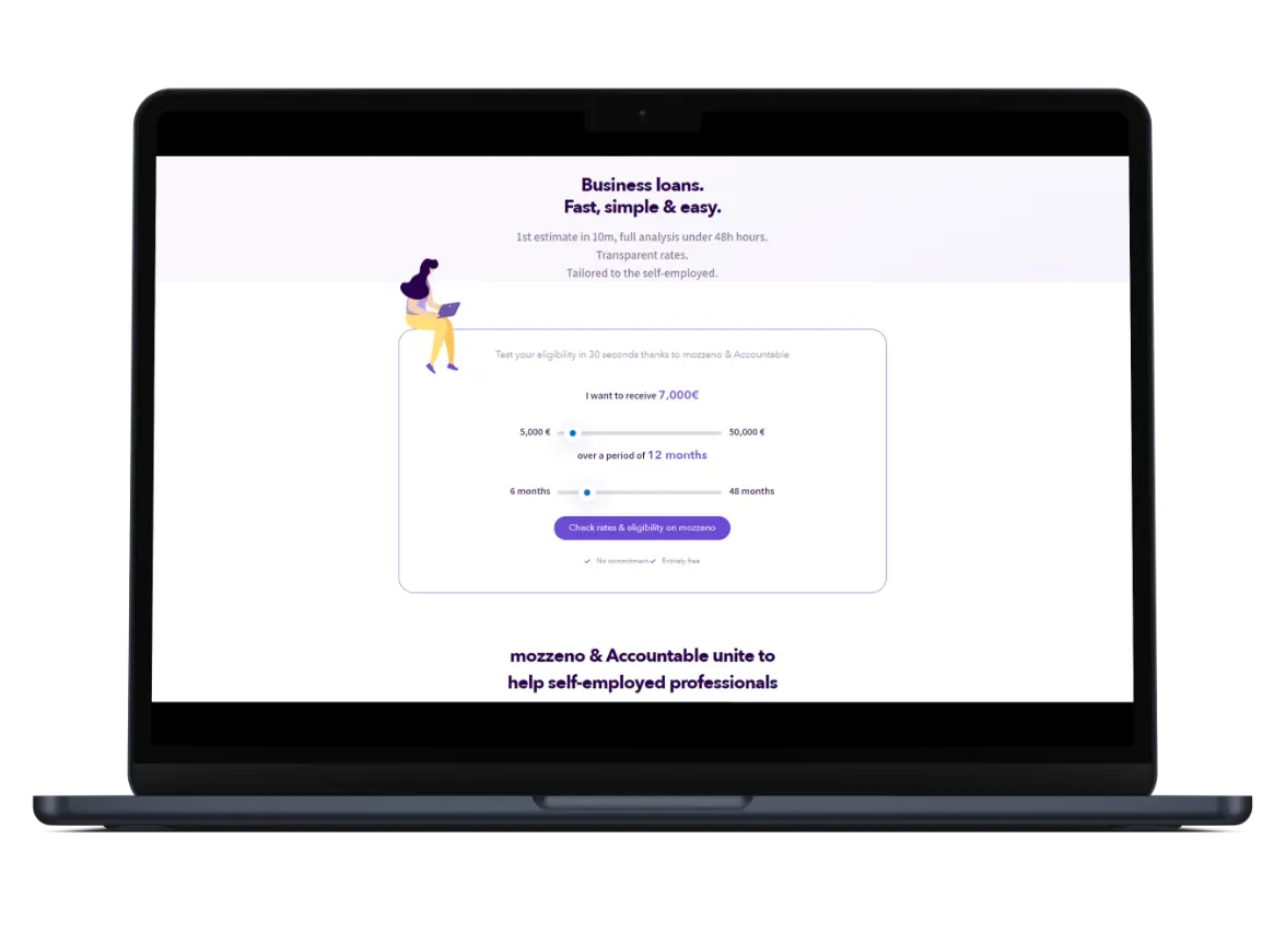 Accountable landing page for a business loan, on a laptop.