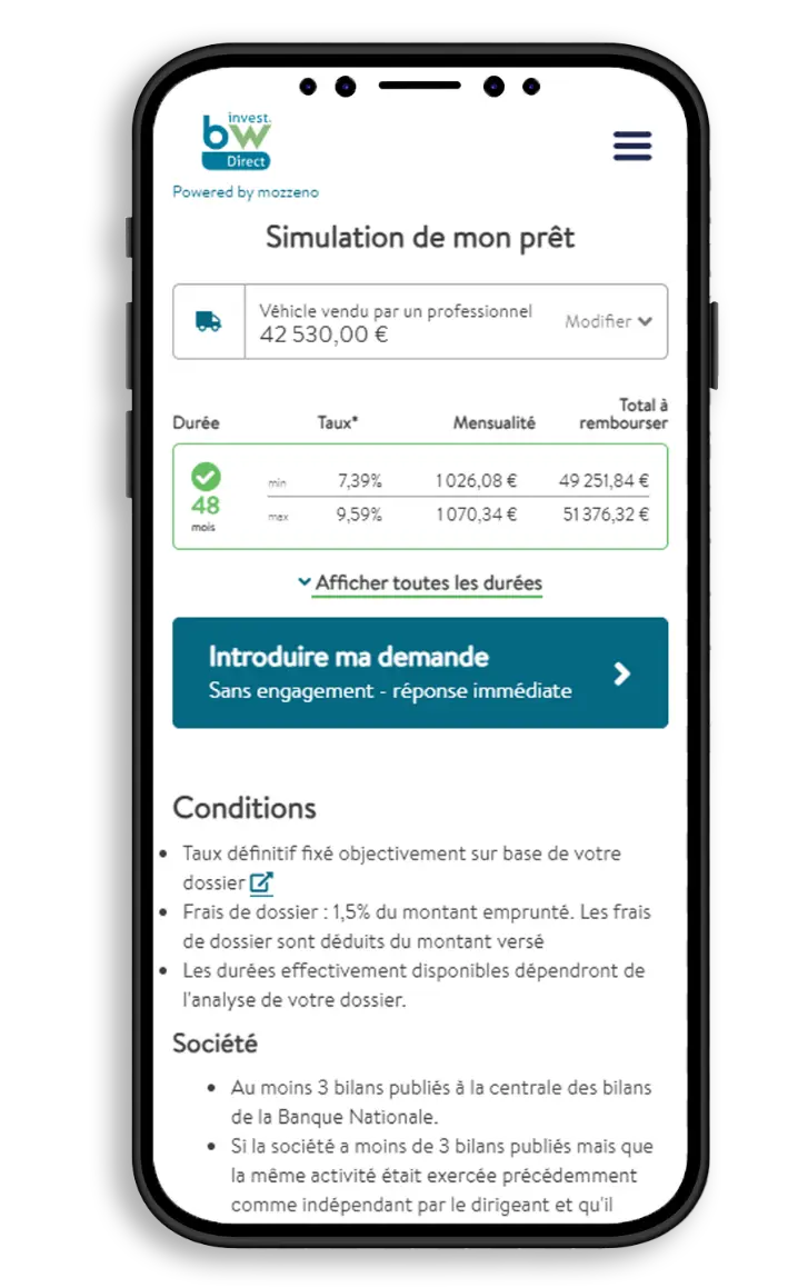 Smartphone with a simulation of a business loan