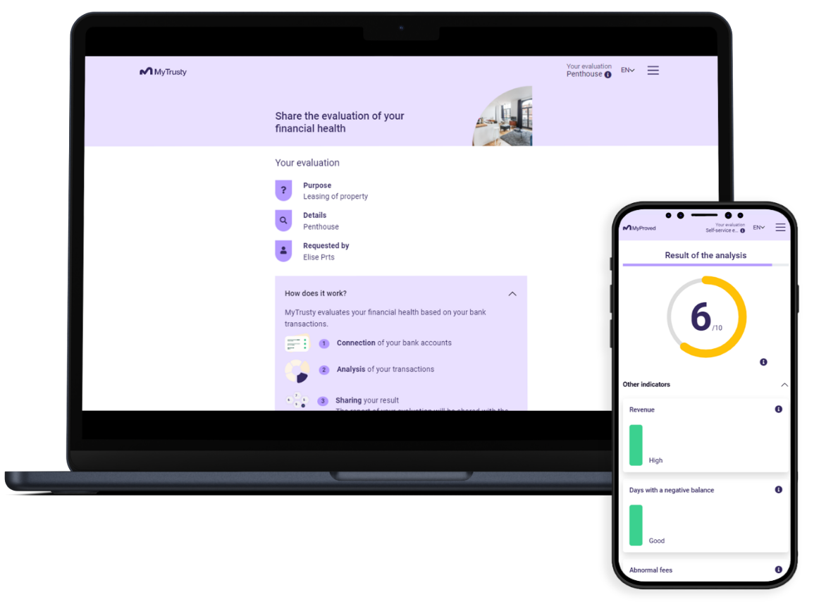 MyProved screen with financial health assessment on a smartphone and a laptop
